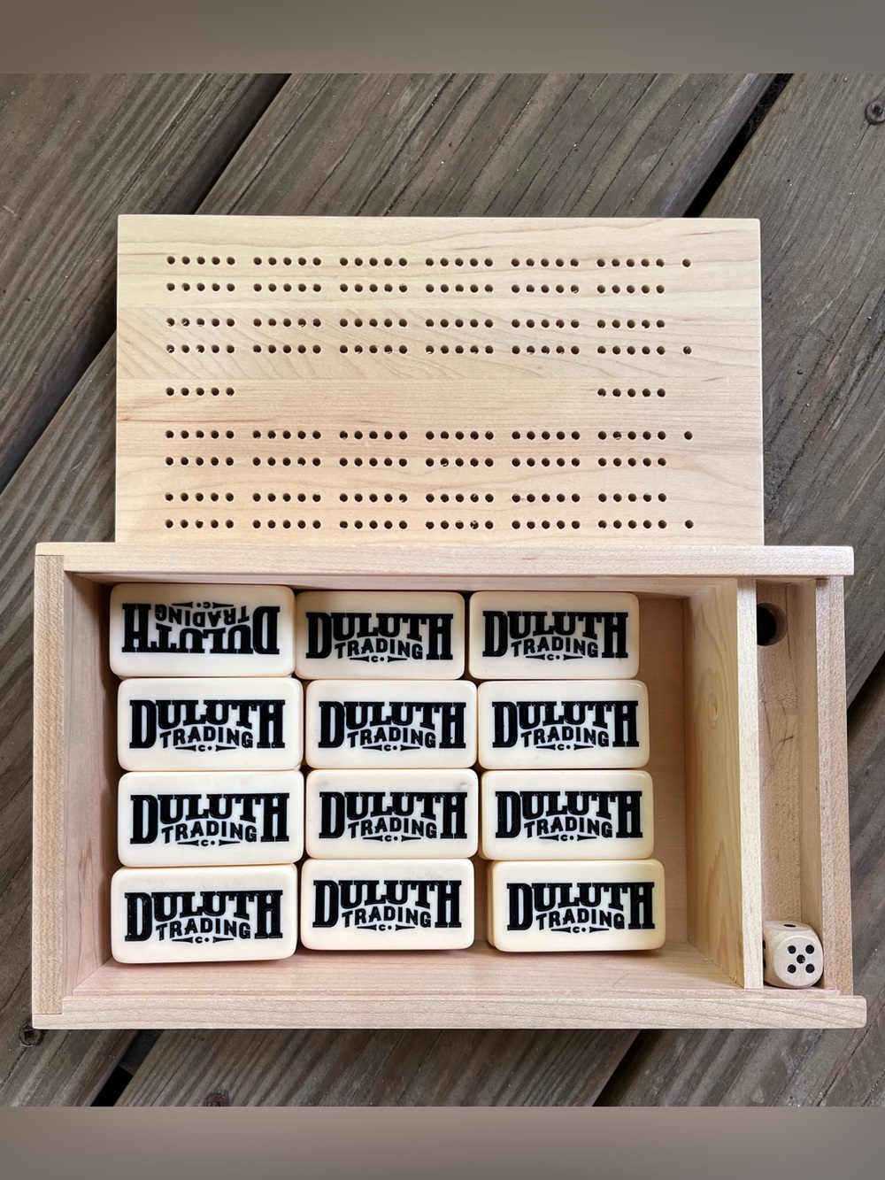 Duluth Trading Wooden Game Set: missing a deck of cards & 5 dice.Dorm bar games